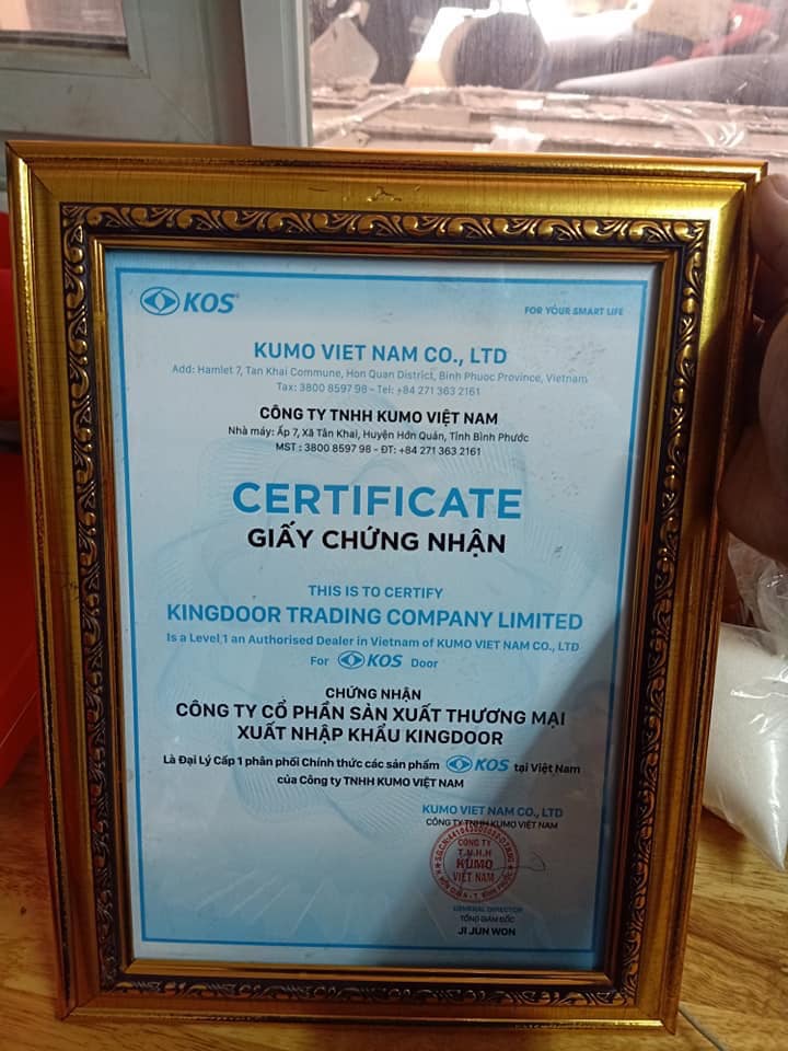 Chứng nhận Kingdoor là đại lý cấp 1 chính thức của công ty KUMO