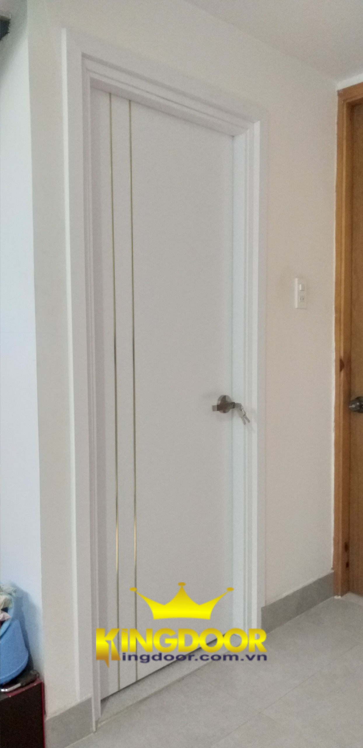 Mẫu cửa phủ da màu trắng chạy chỉ nhôm tạo nên sự sang trọng và nổi bật cho bộ cửa.