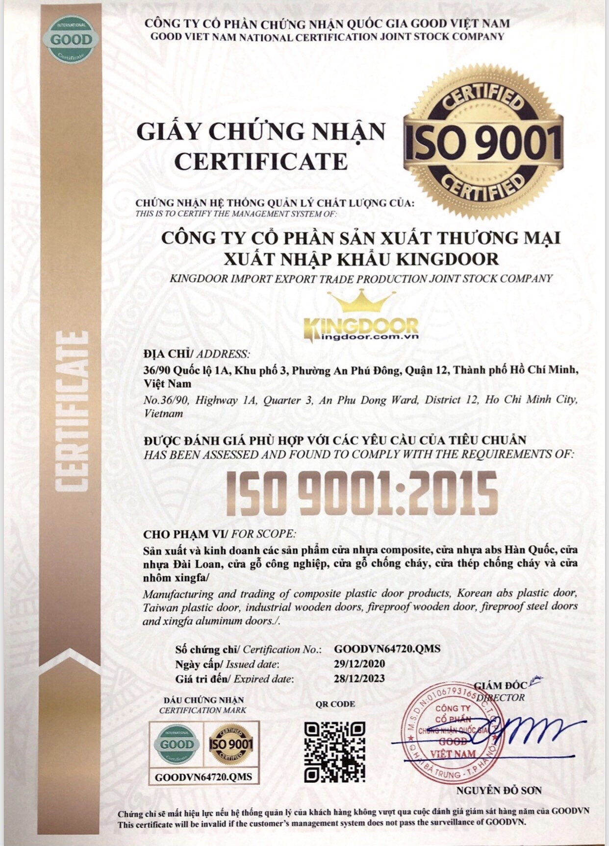 Giấy chứng nhận ISO.9001 của Kingdoor.